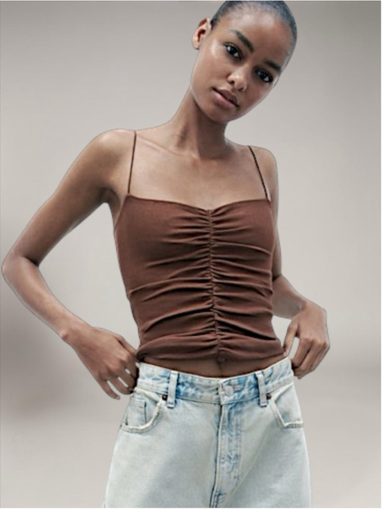 Zara Tops - Zara Brown Ruched Spaghetti Strap Tank Top